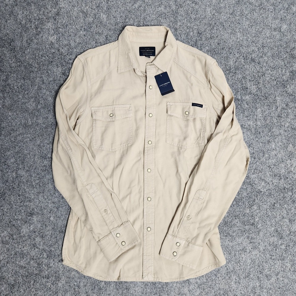 Lucky Brand NWT Western Snap Shirt Men S Washed Beige Long Sleeve Utility Pocket